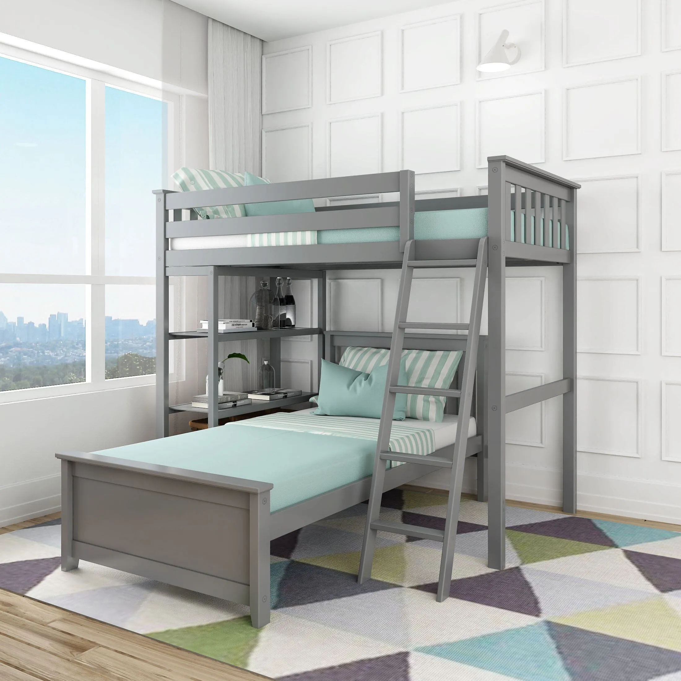 Twin Over Twin L-Shaped Bunk Bed With Bookcase