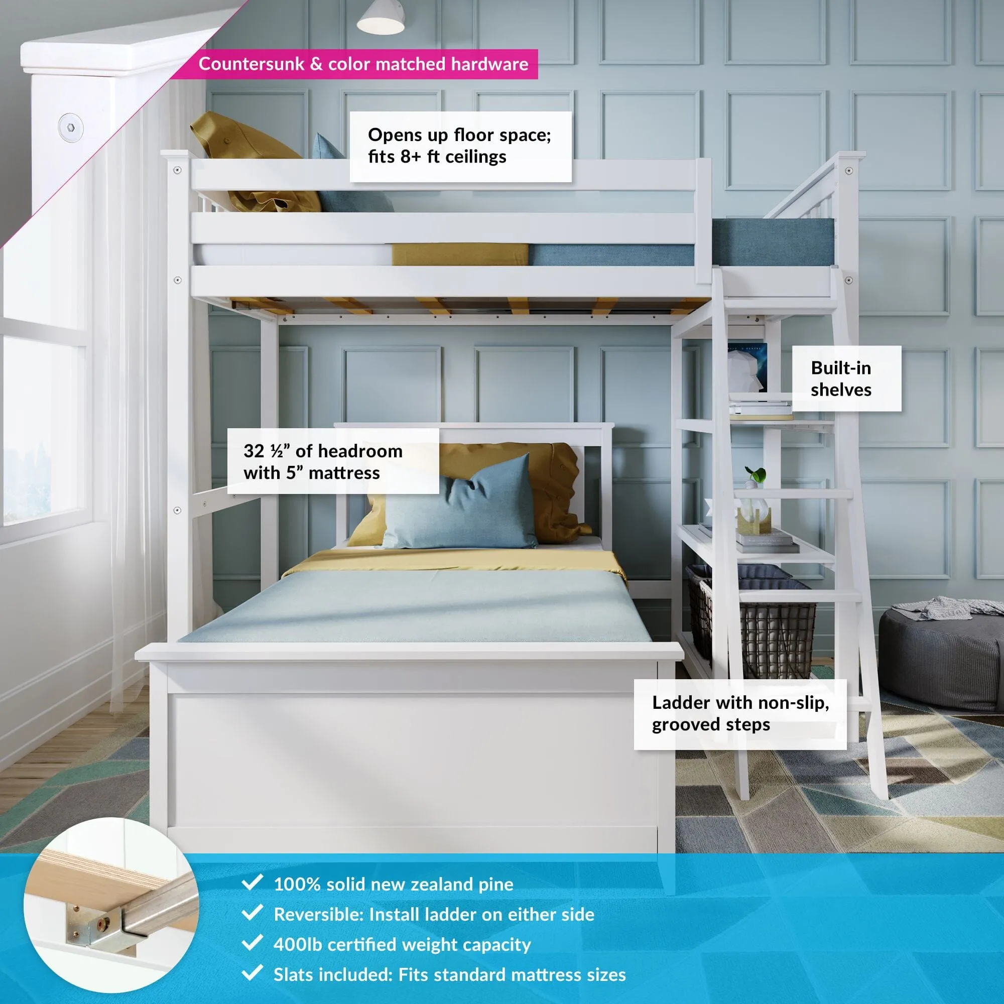 Twin Over Twin L-Shaped Bunk Bed With Bookcase