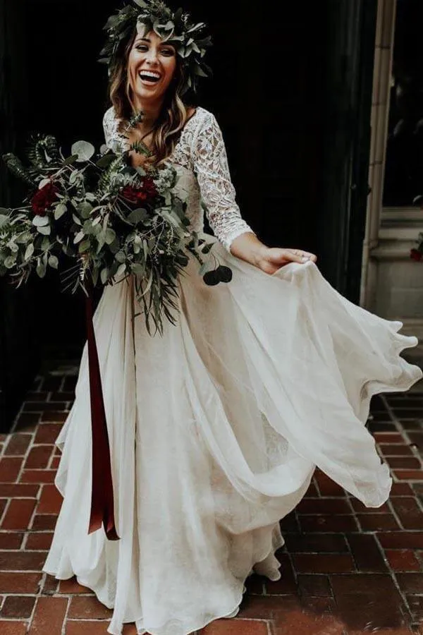 Two Piece 3/4 Sleeve Chiffon Wedding Dresses Wedding Dress  WD314