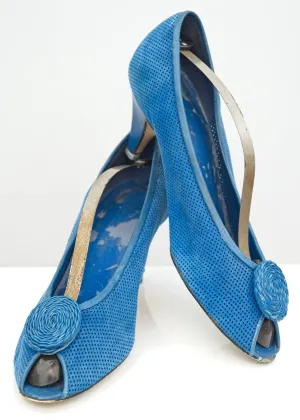 Vintage 80s Blue Pierced Mesh Suede Peep Toe Court Shoes • Size 6