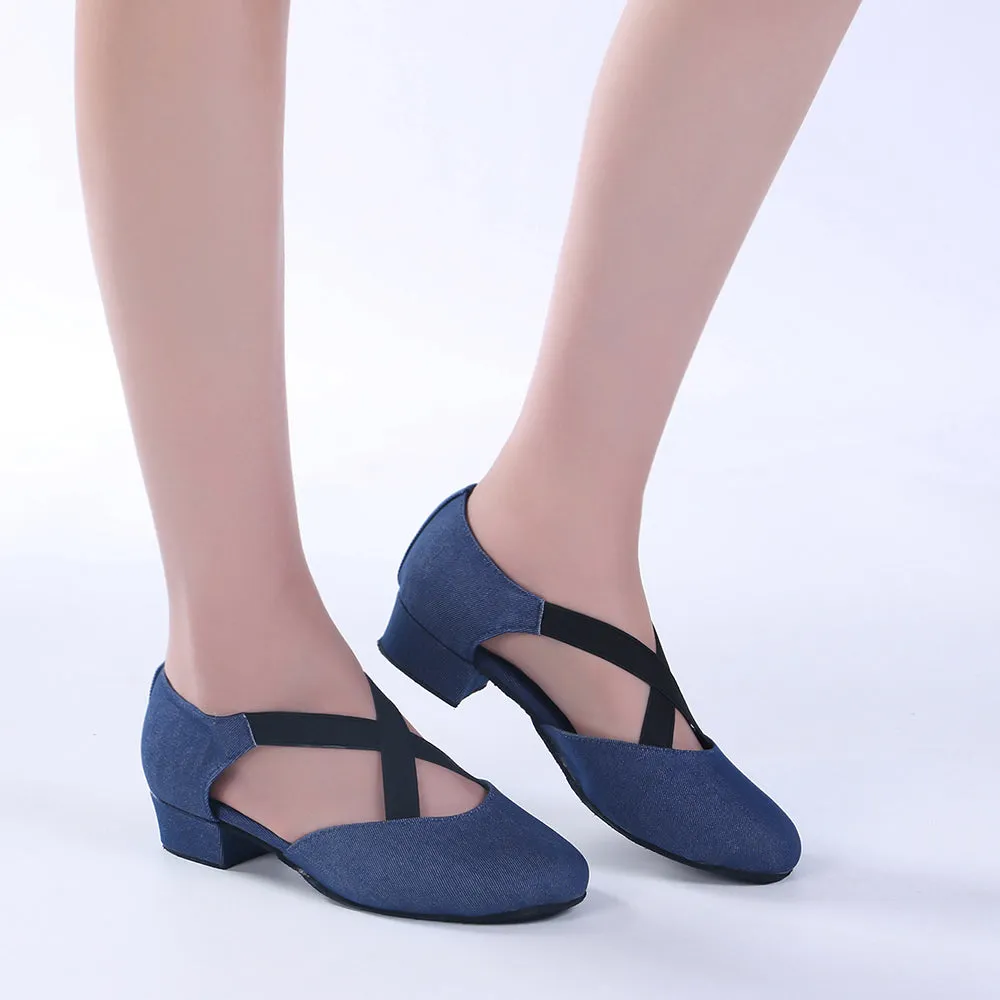 Women Ballroom Dancing Shoes Ladies Tango Latin Practice Dance Shoe Suede Sole Closed-toe Blue