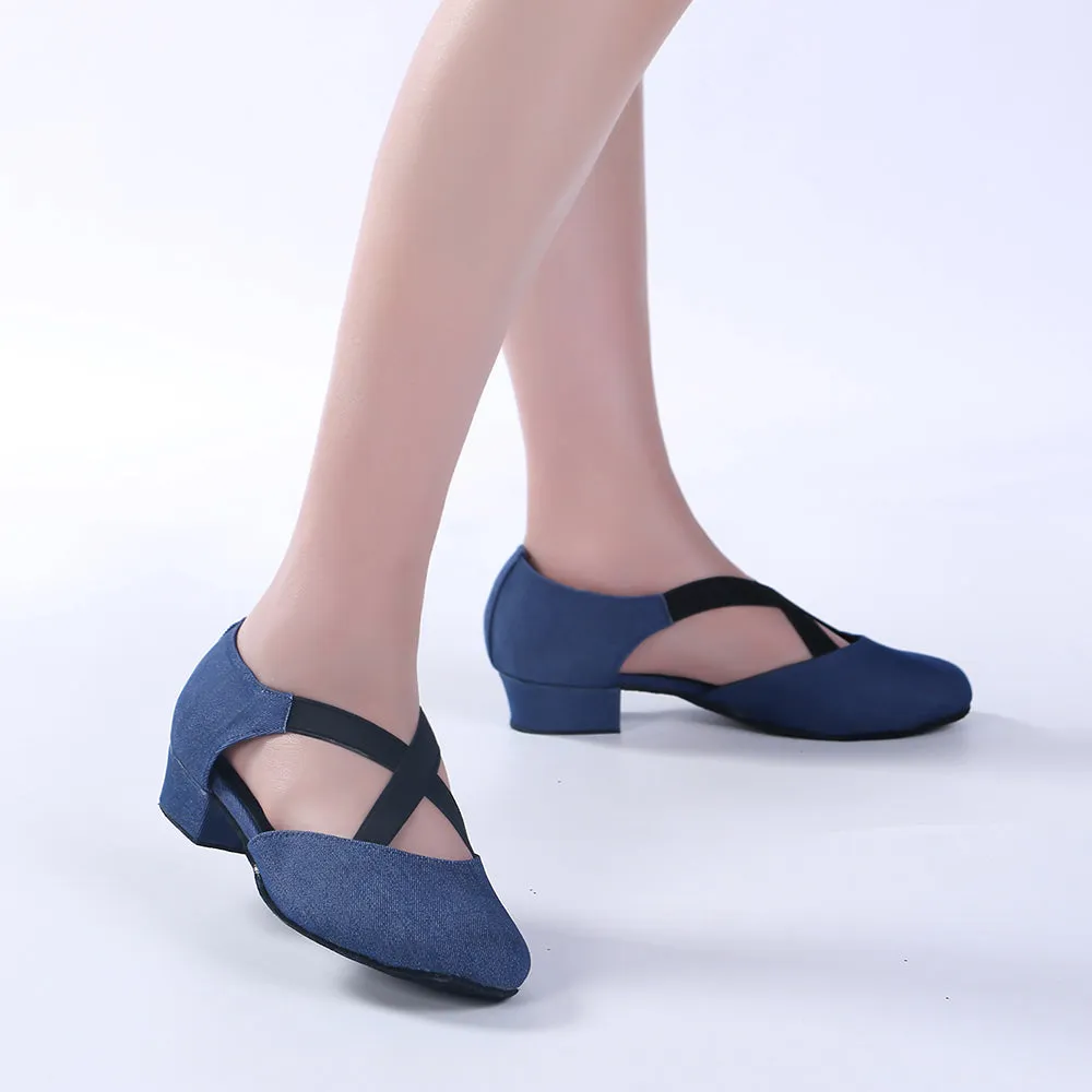 Women Ballroom Dancing Shoes Ladies Tango Latin Practice Dance Shoe Suede Sole Closed-toe Blue