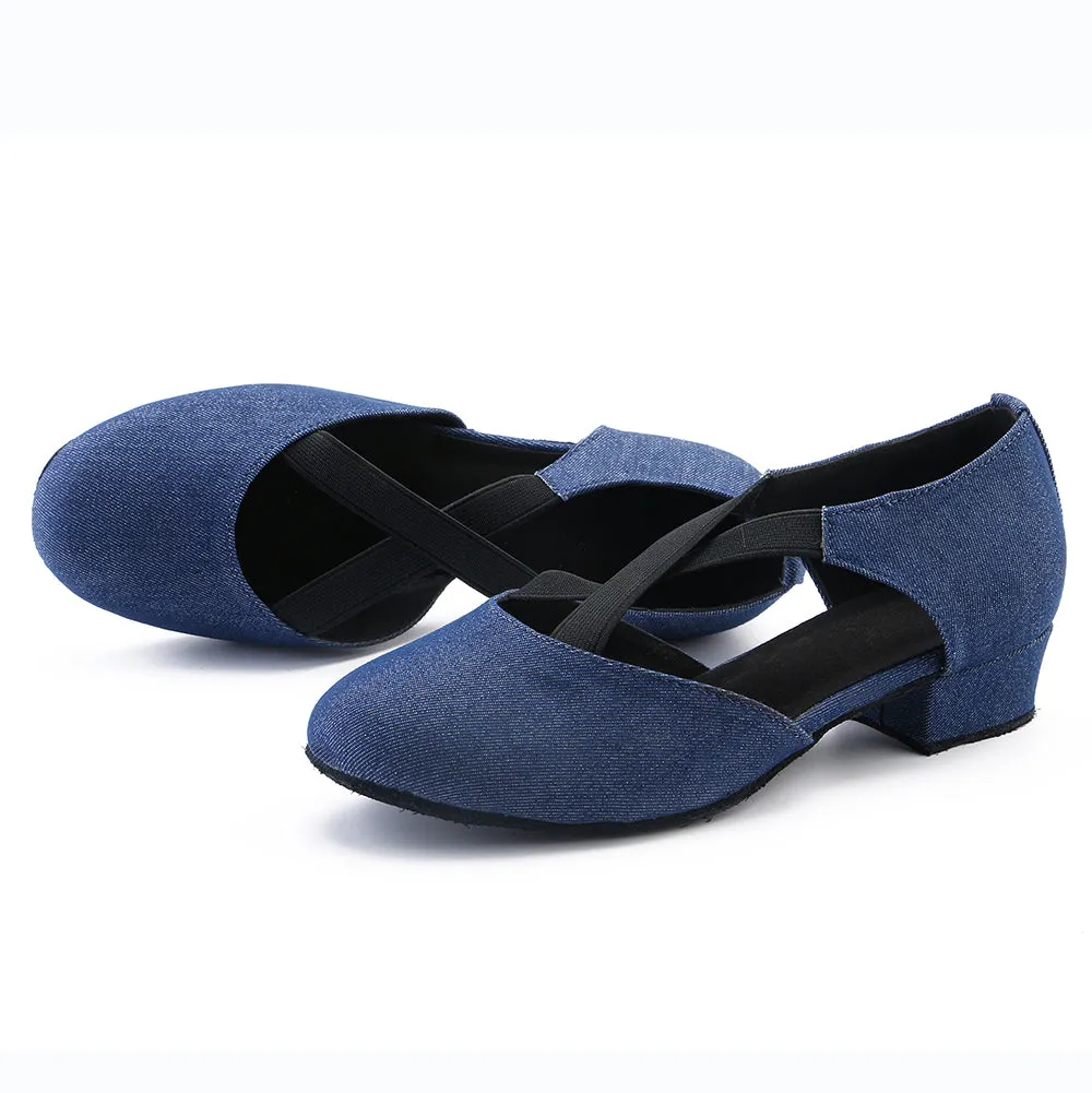 Women Ballroom Dancing Shoes Ladies Tango Latin Practice Dance Shoe Suede Sole Closed-toe Blue