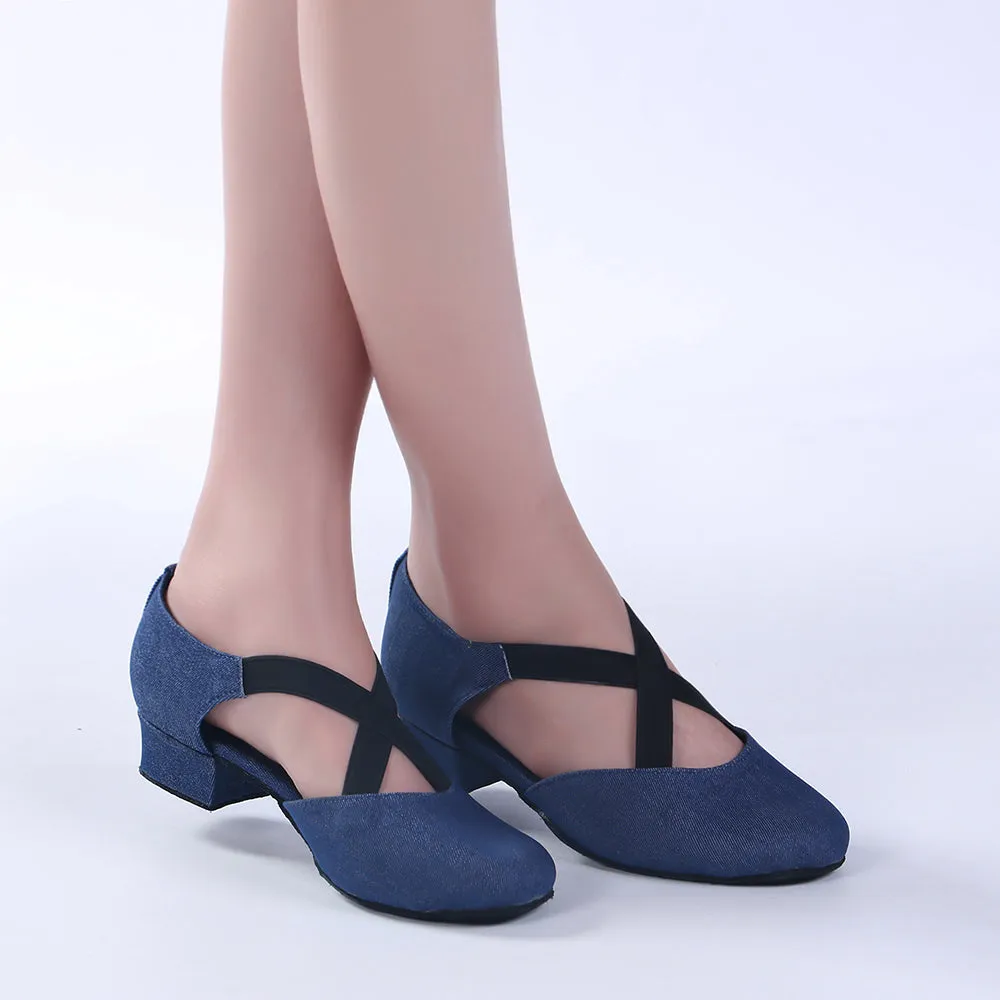 Women Ballroom Dancing Shoes Ladies Tango Latin Practice Dance Shoe Suede Sole Closed-toe Blue