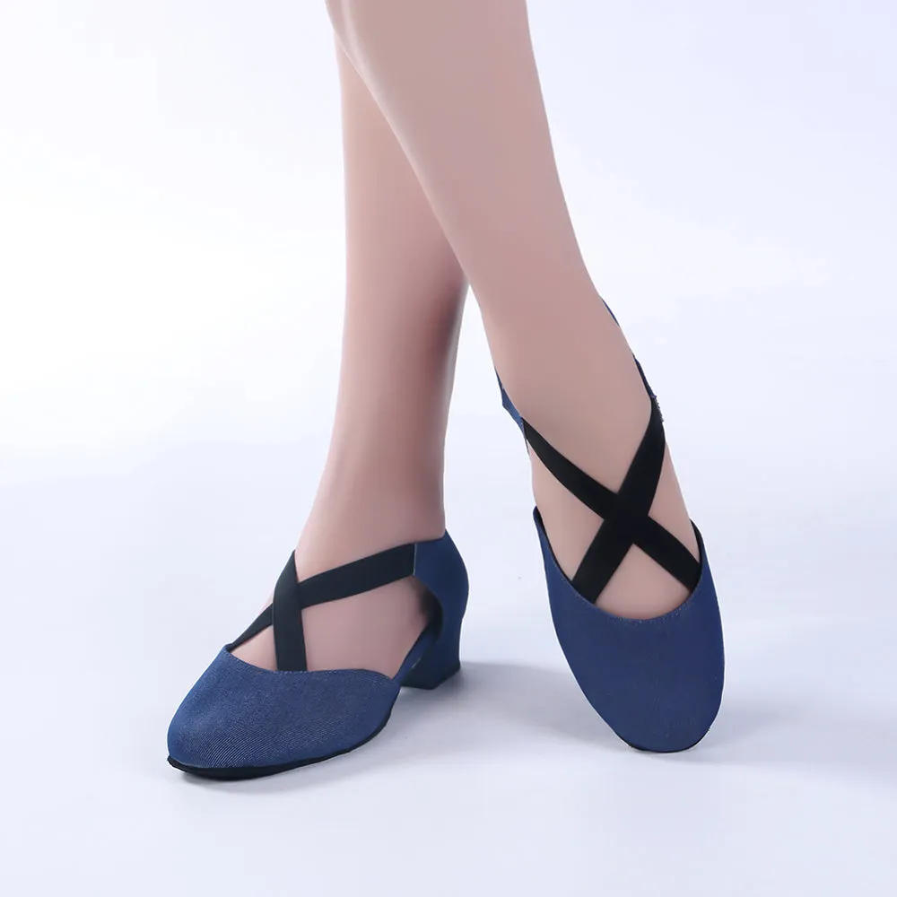 Women Ballroom Dancing Shoes Ladies Tango Latin Practice Dance Shoe Suede Sole Closed-toe Blue