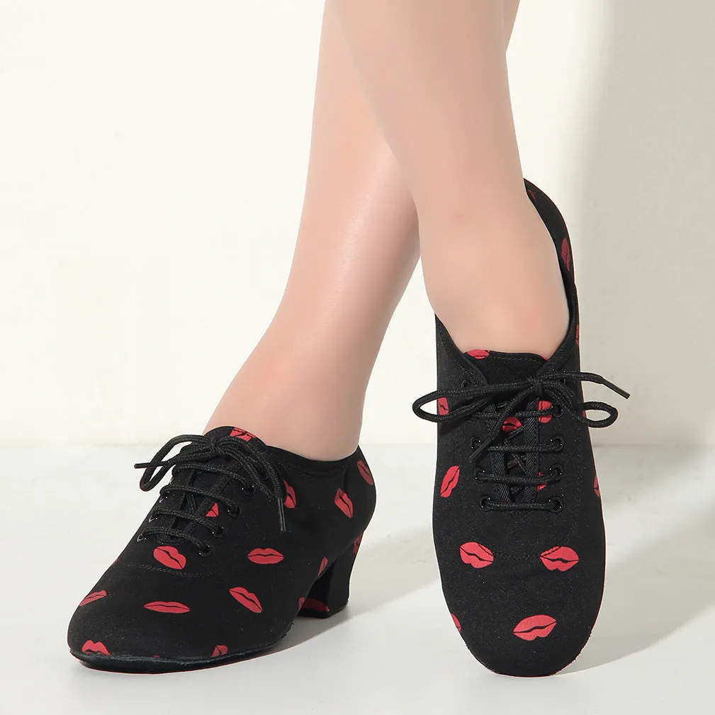 Women Ballroom Dancing Shoes Ladies Tango Latin Practice Dance Shoe Suede Sole Lace-up Closed-toe Black and Red