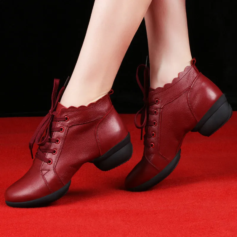 Women's Leather Lace-up 4cm Heel Dance Sneakers Practice Dance Shoes Jazz Dance