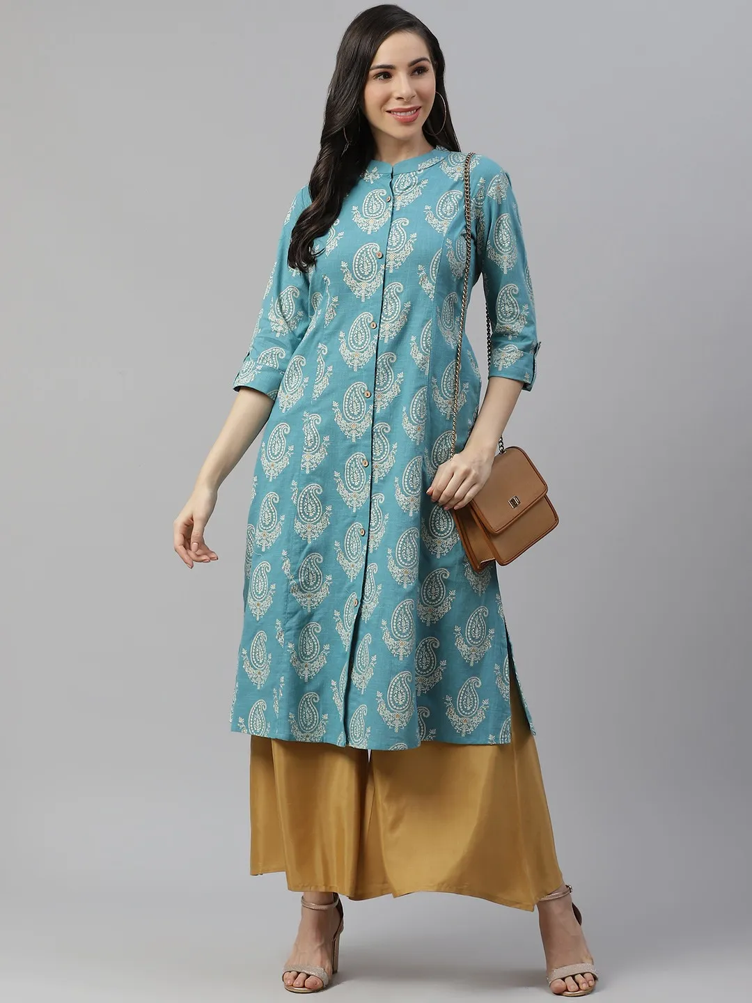 Women'S Sky Blue Cotton Printed Kurta