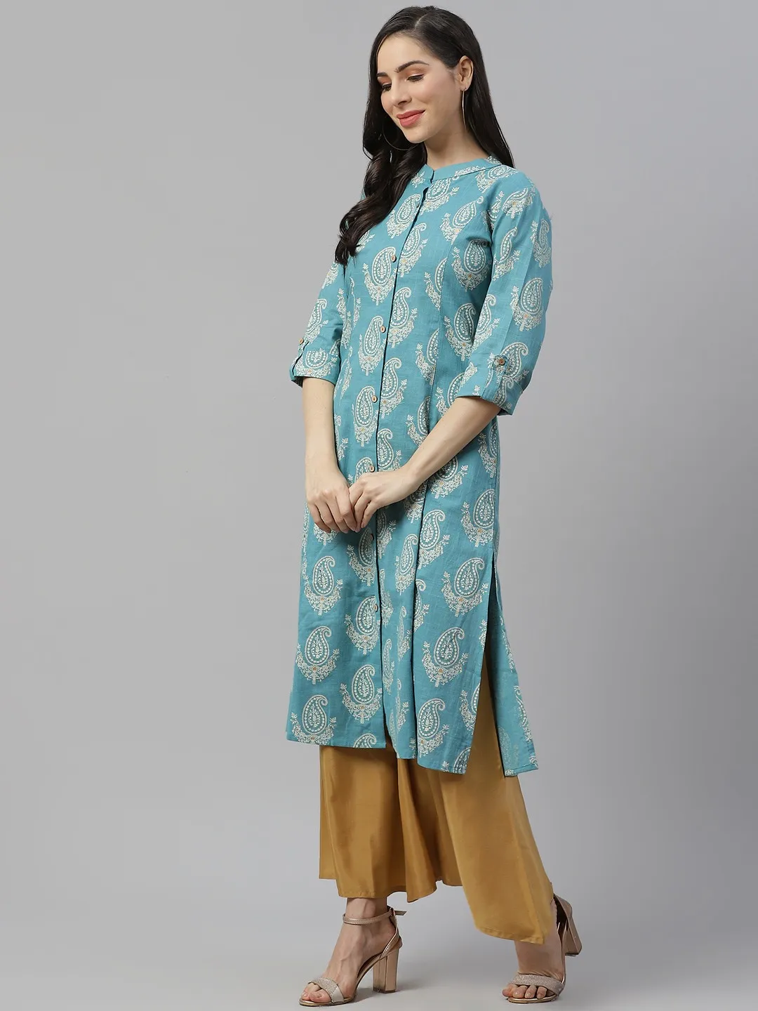 Women'S Sky Blue Cotton Printed Kurta