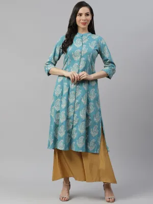 Women'S Sky Blue Cotton Printed Kurta